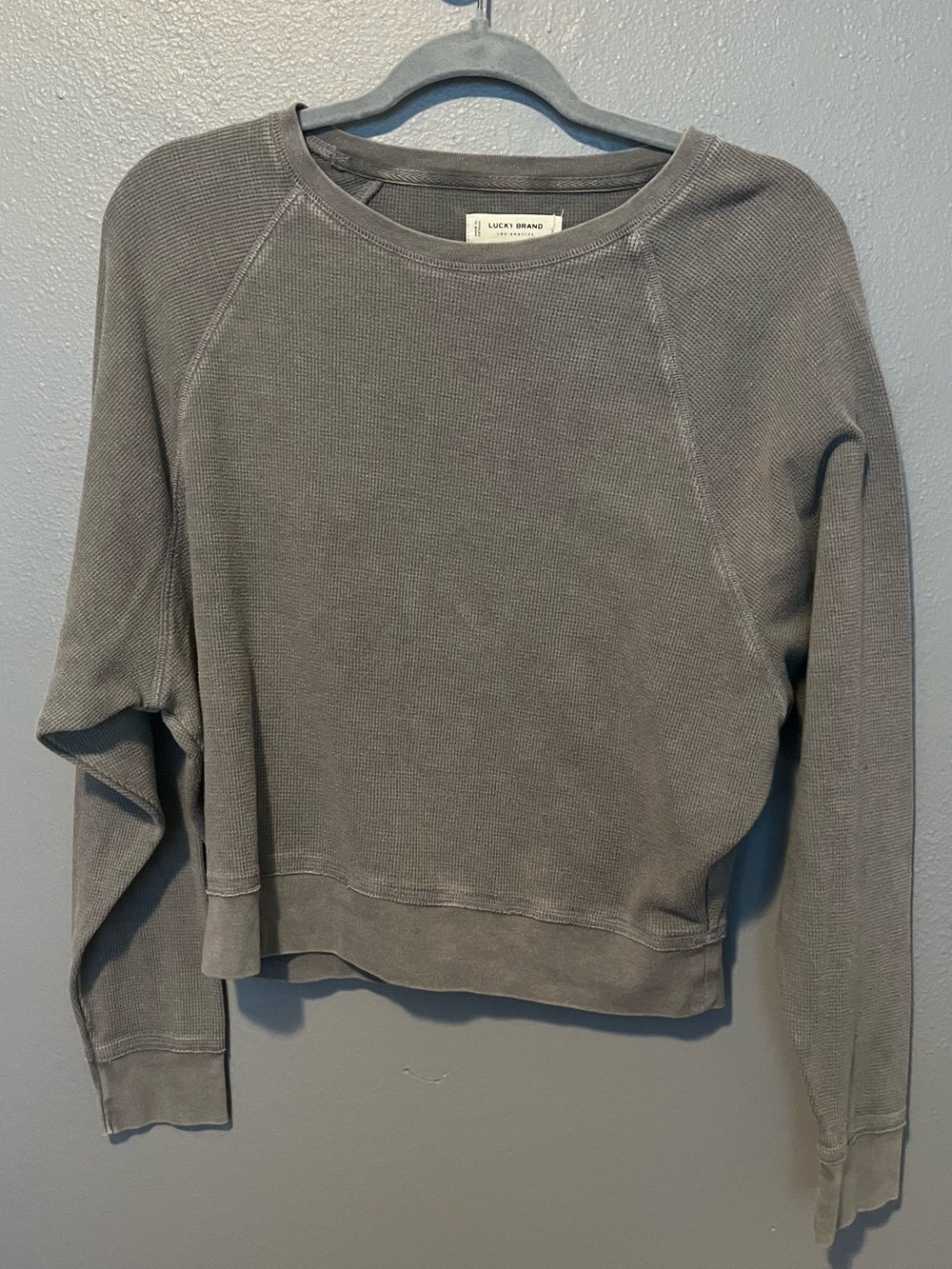 Lucky Brand Olive Gray Waffle Knit Crew Sweatshirt